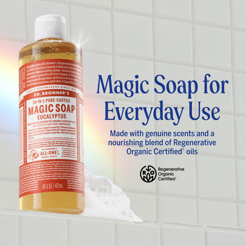 Dr. Bronner's eucalyptus pouring texture demonstrating rich lather and concentration