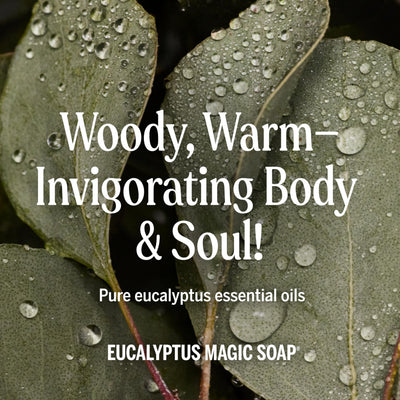 Dr. Bronner's eucalyptus bottle beside common objects showing 32 oz scale