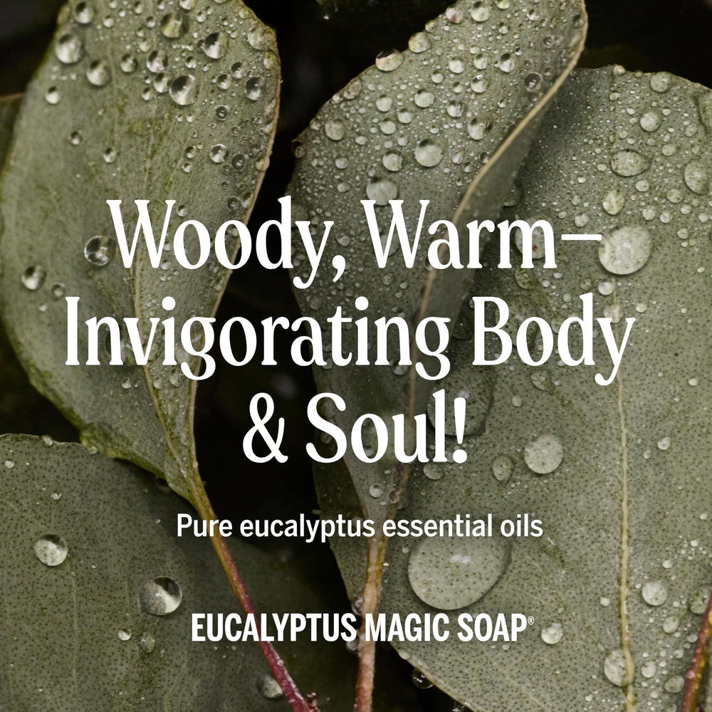 Dr. Bronner's eucalyptus bottle beside common objects showing 32 oz scale