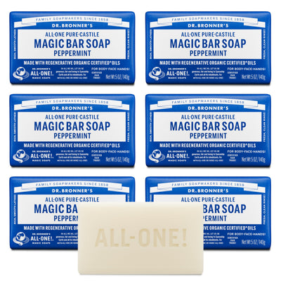 Dr. Bronner's front packaging showing six peppermint soap bars and labeling benefit
