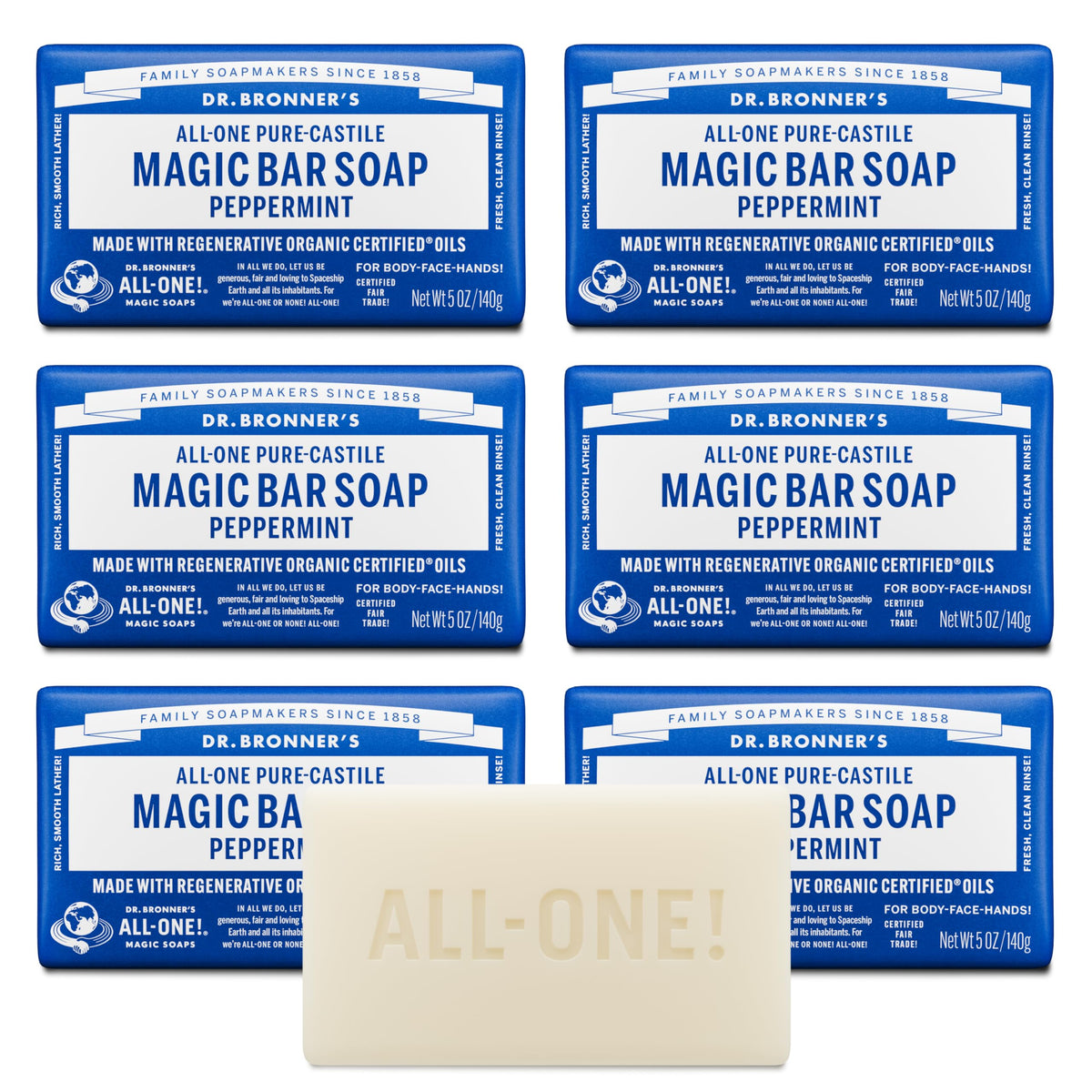 Dr. Bronner's front packaging showing six peppermint soap bars and labeling benefit