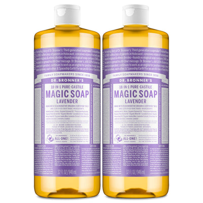 Dr. Bronner's front packaging showing two 32 oz bottles and lavender benefit