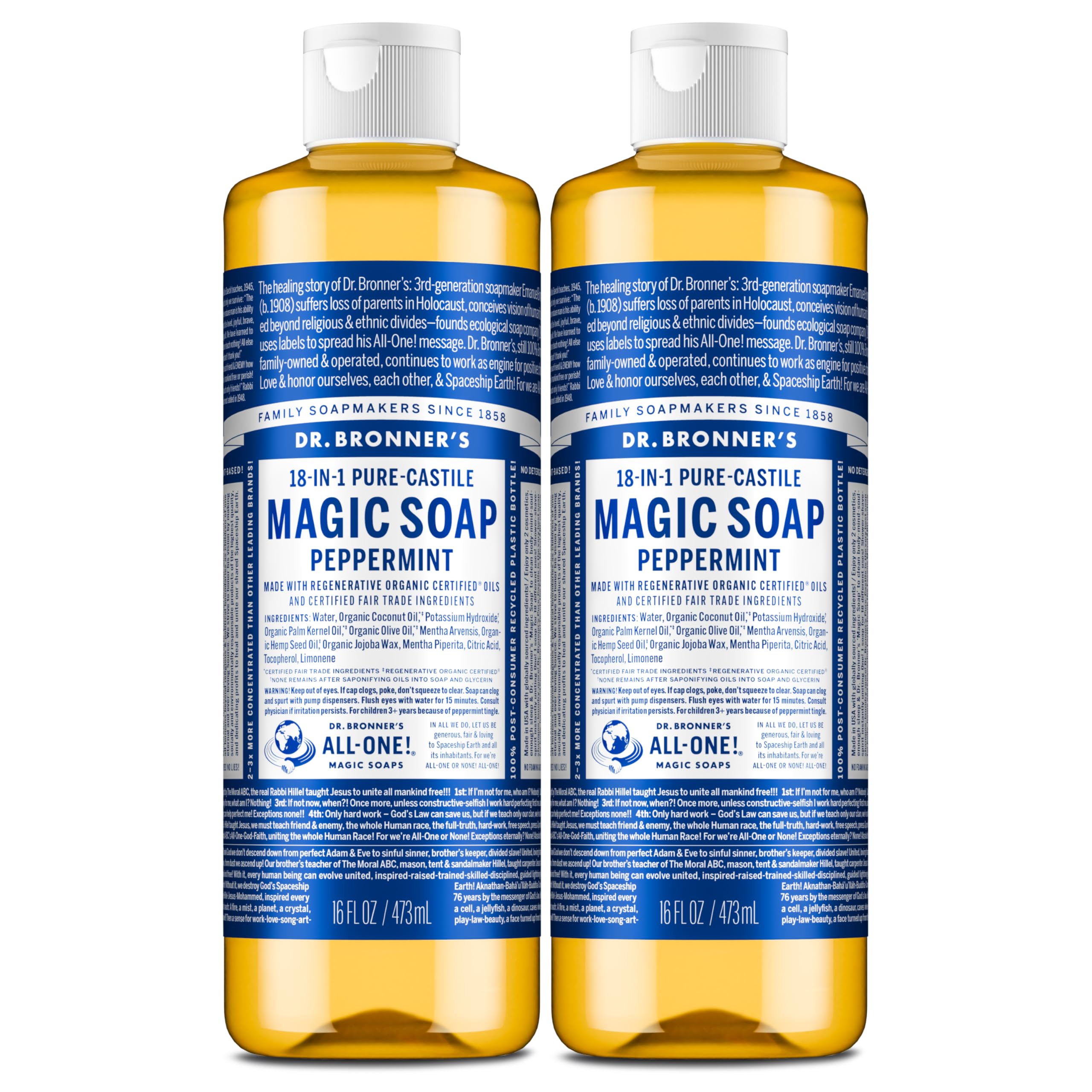 Dr. Bronner's botella frontal de Peppermint que muestra tamaño y diseño, ideal para ahorro
