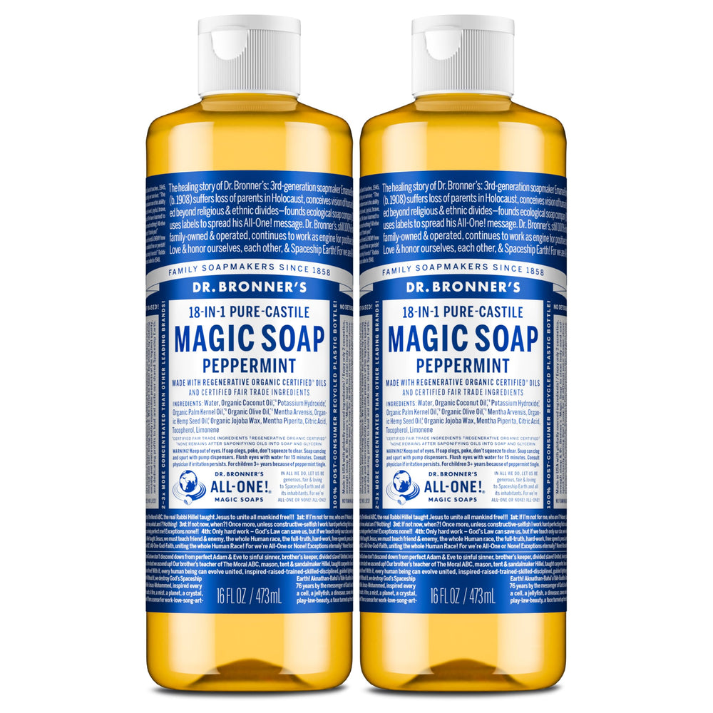 Dr. Bronner's botella frontal de Peppermint que muestra tamaño y diseño, ideal para ahorro