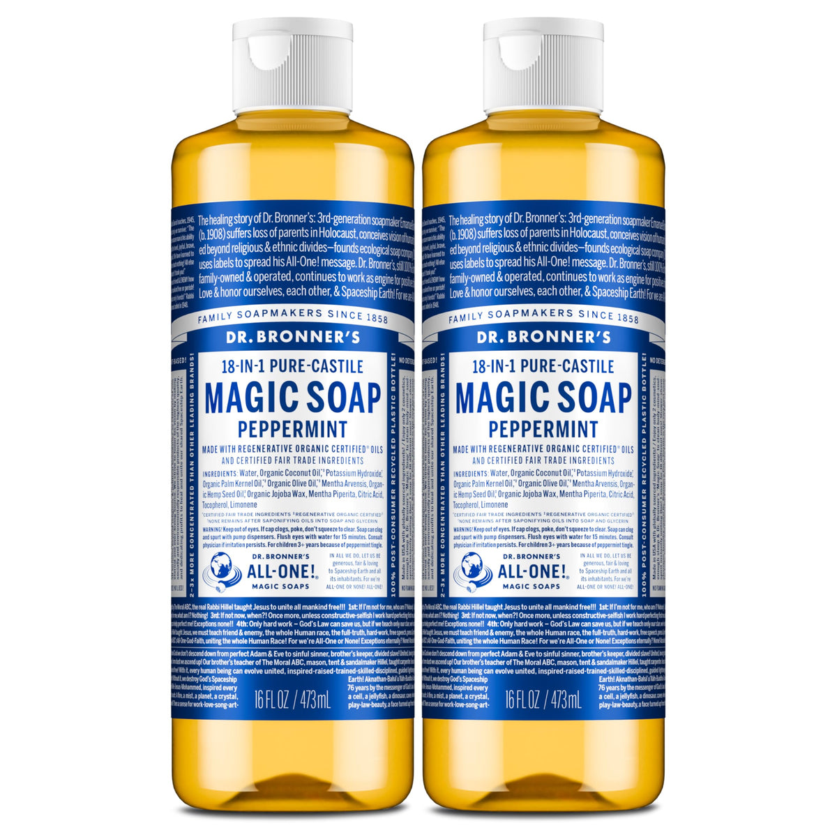 Dr. Bronner's botella frontal de Peppermint que muestra tamaño y diseño, ideal para ahorro