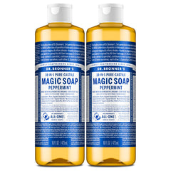 Dr. Bronner's botella frontal de Peppermint que muestra tamaño y diseño, ideal para ahorro