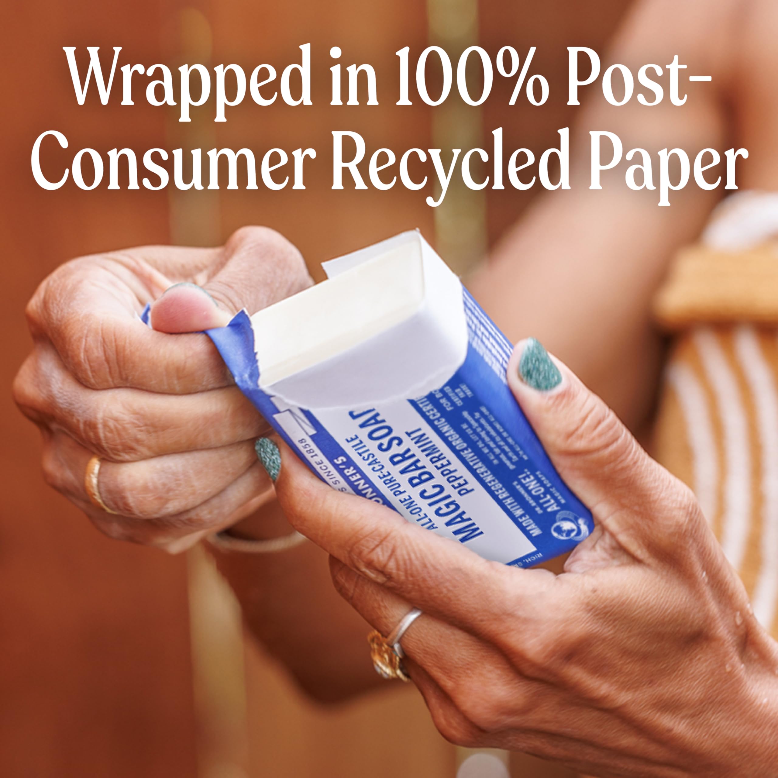 Dr. Bronner's recycled wrapper detail emphasizing eco-friendly packaging benefit