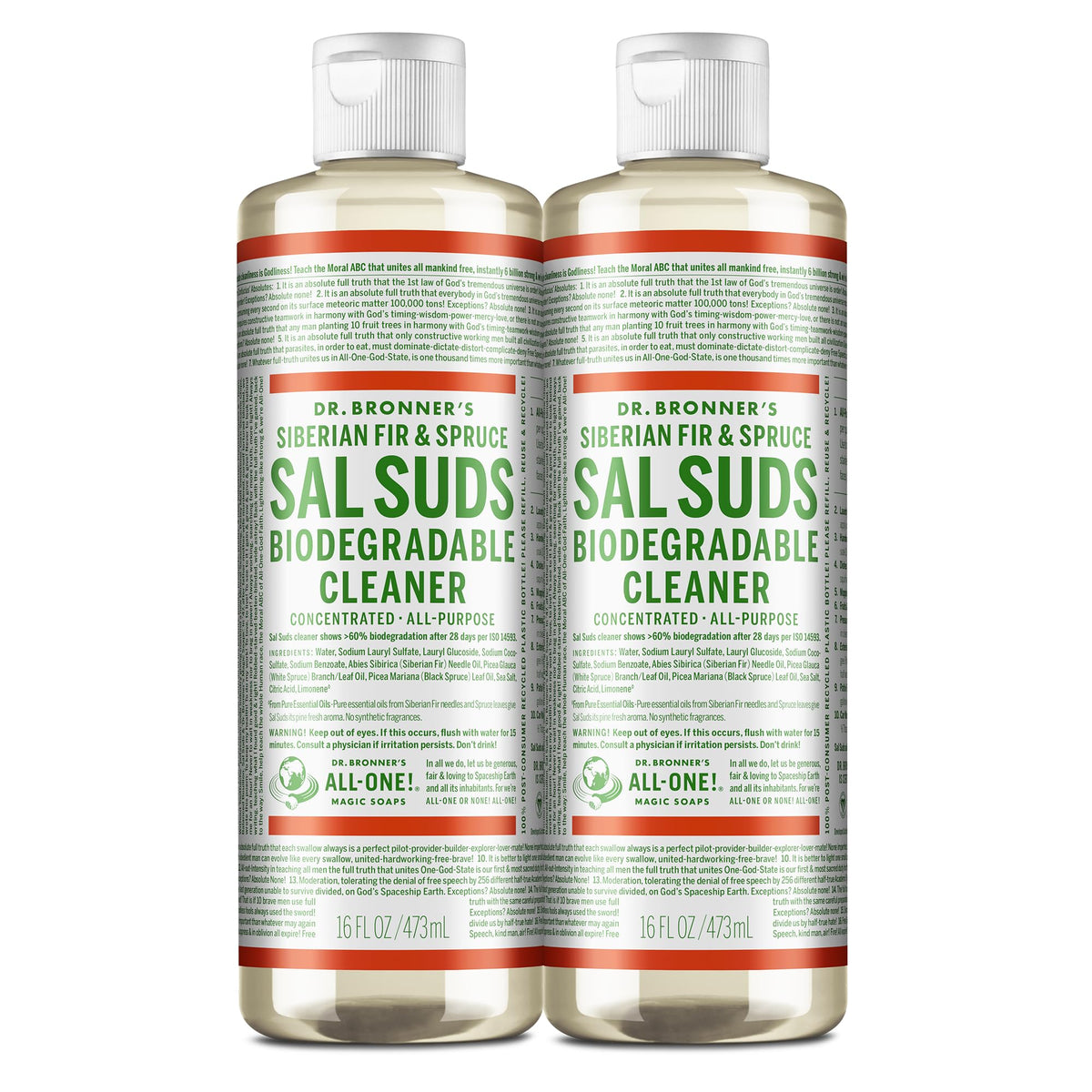 Dr. Bronner's front packaging showing product and size with clear labeling benefit