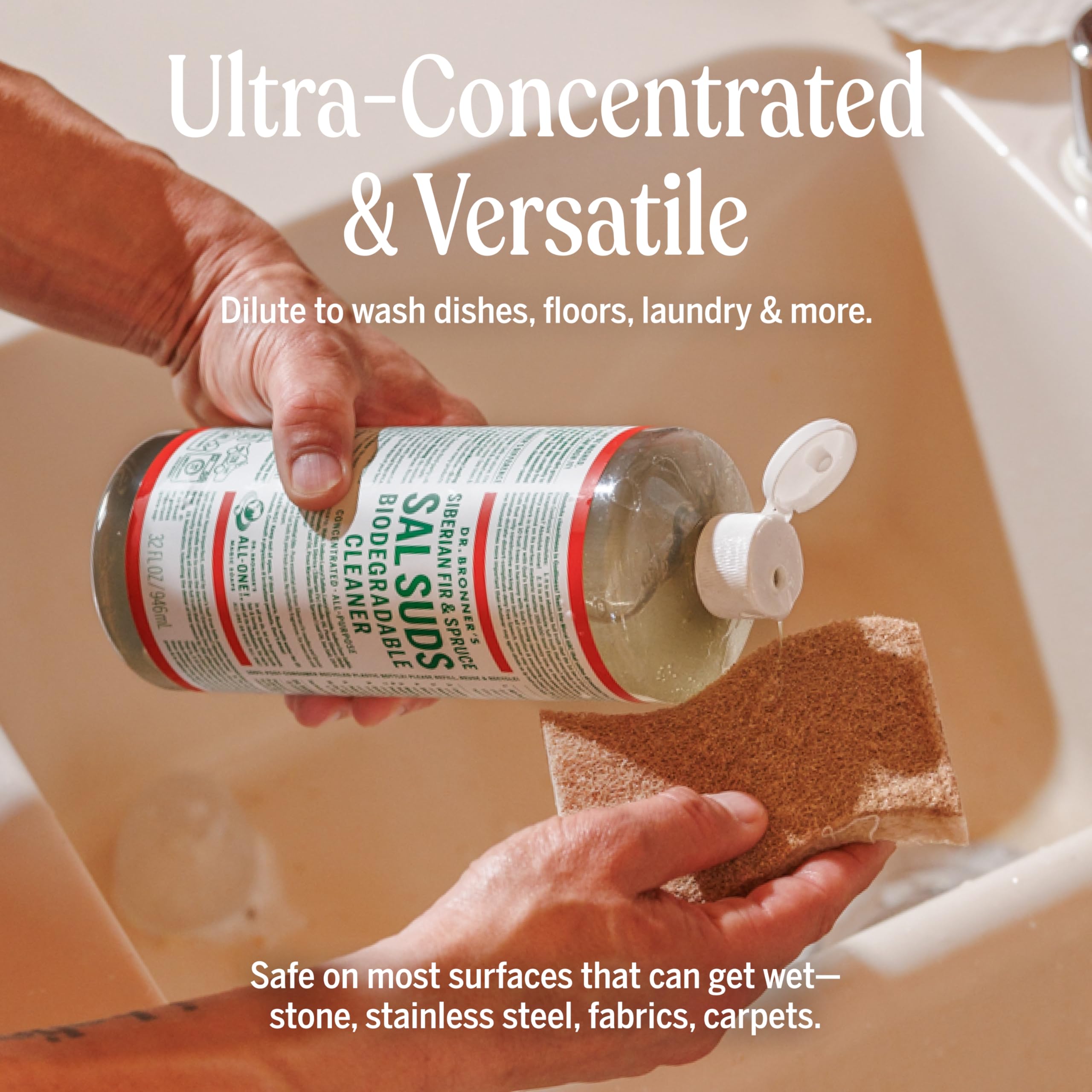 Dr. Bronner's 16 ounce bottle beside common items showing compact convenience