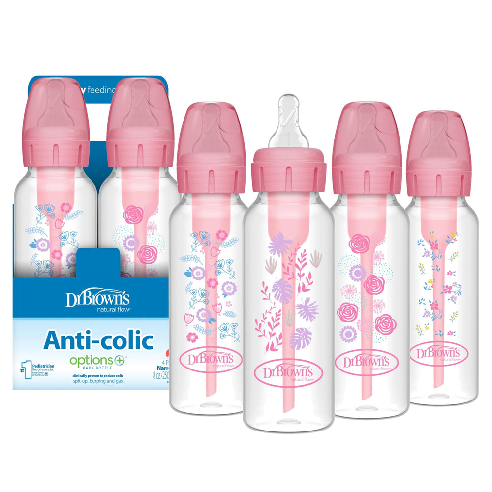 Dr. Brown's front packaging showing pink floral bottles and benefits