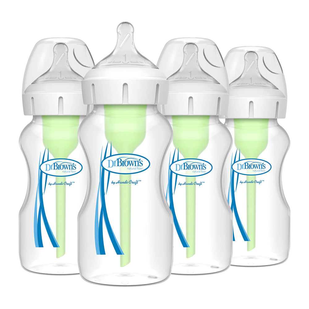 Dr. Brown's front packaging showing four 9oz bottles and product labeling benefit clarity