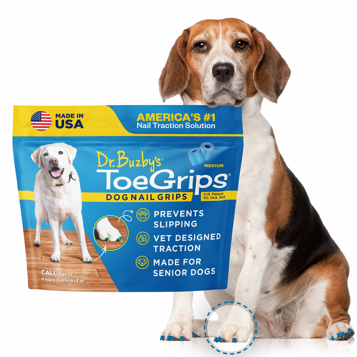 Dr. Buzby's front packaging showing medium ToeGrips and benefits for traction