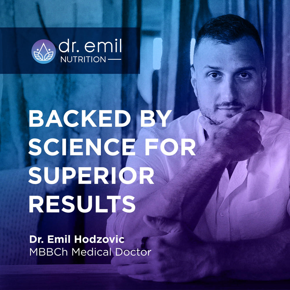 DR. EMIL NUTRITION frasco abierto con tabletas saliendo, listo para tomar