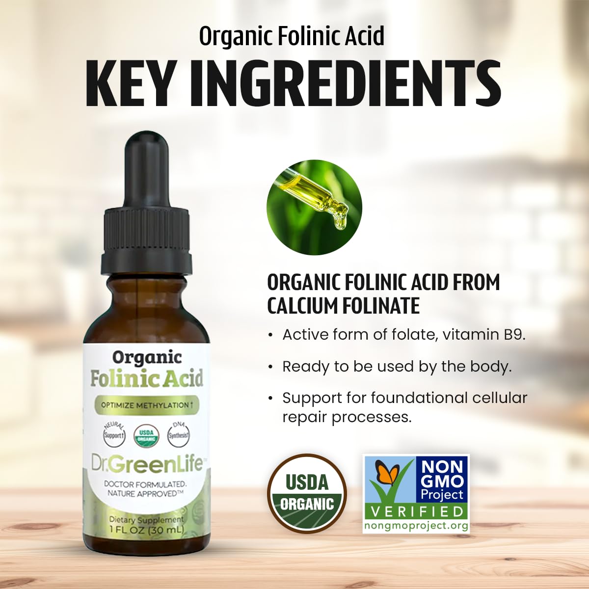 Dr. Green Mom etiqueta con sellos USDA Organic y Non-GMO, garantía de limpieza