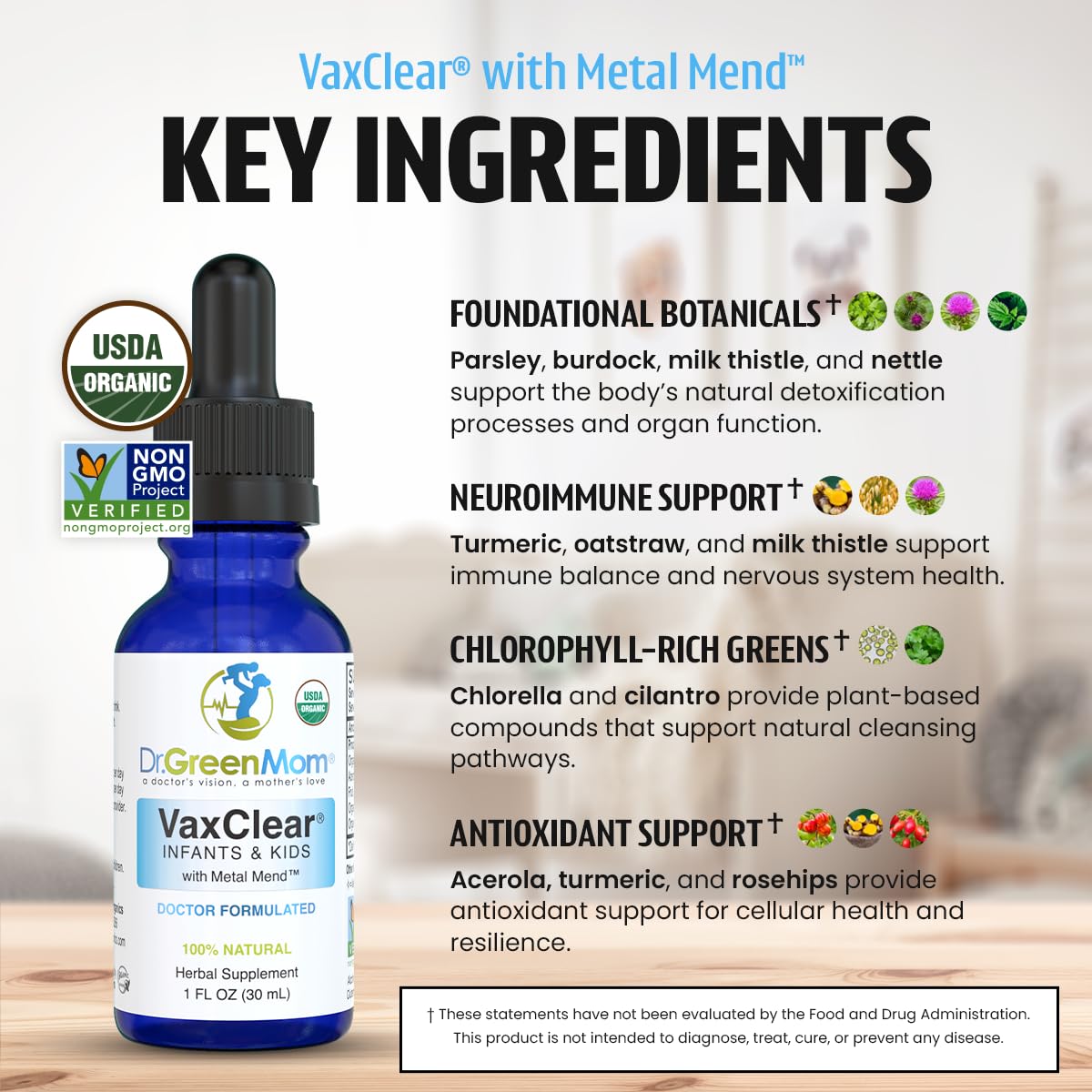 Dr. Green Mom ingredientes orgánicos como chlorella y cúrcuma sobre mesa