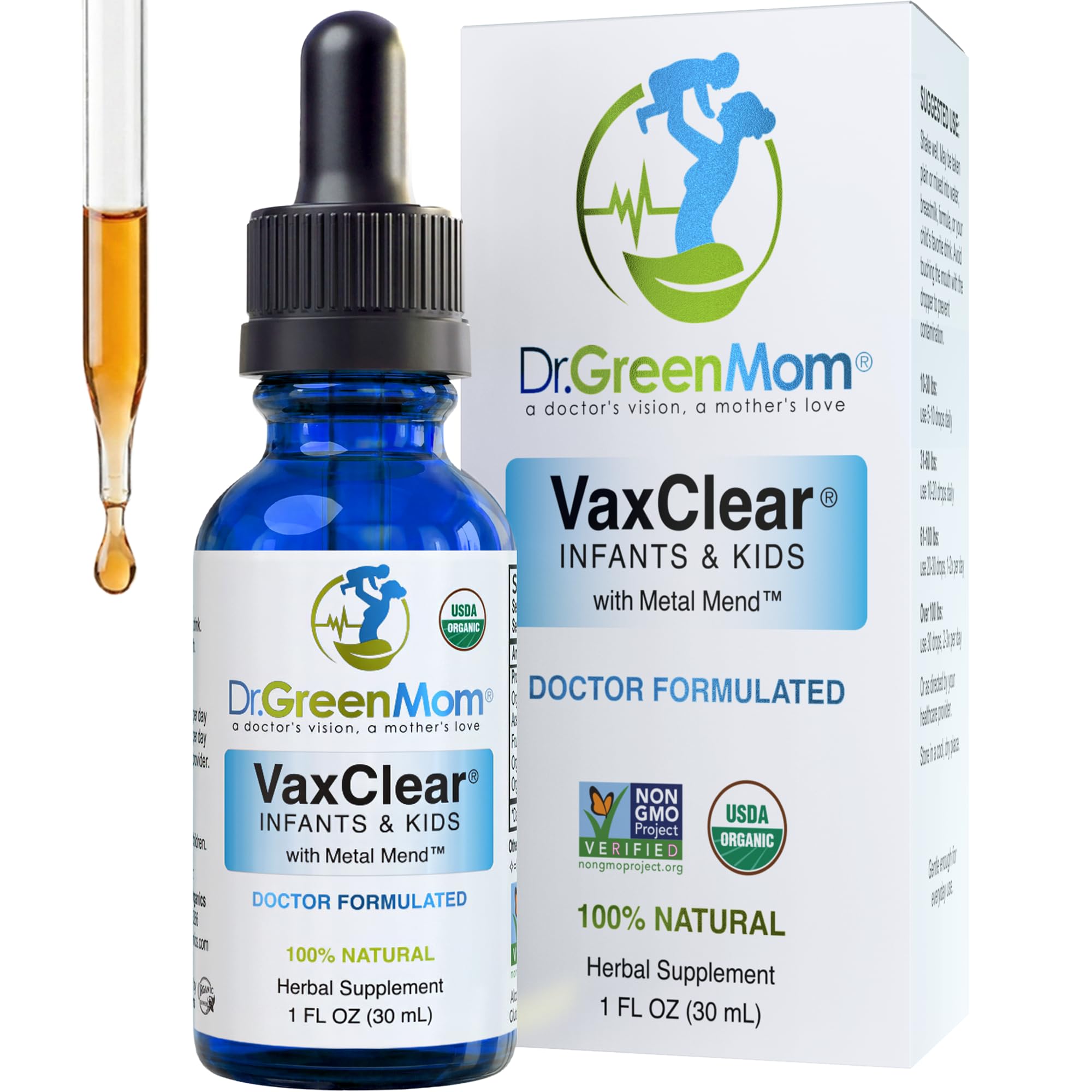 Dr. Green Mom botella frontal mostrando el envase y beneficios orgánicos
