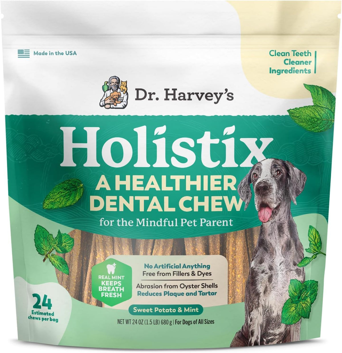 Dr. Harvey's empaque frontal Holistix mostrando beneficios y frescura