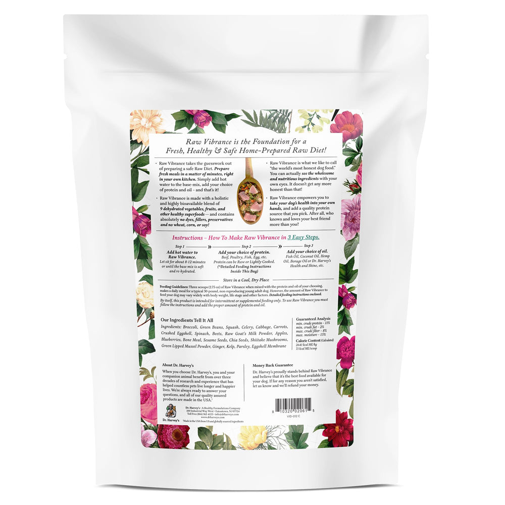 Dr. Harvey's nutrition panel on bag closeup showing guaranteed analysis benefit