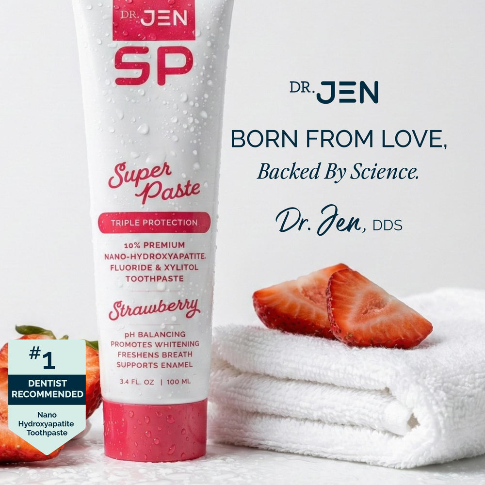 Dr Jen tube on bathroom shelf conveying daily oral care routine