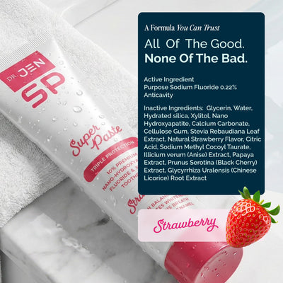 Dr Jen strawberry variant with minimal foam for gentler brushing