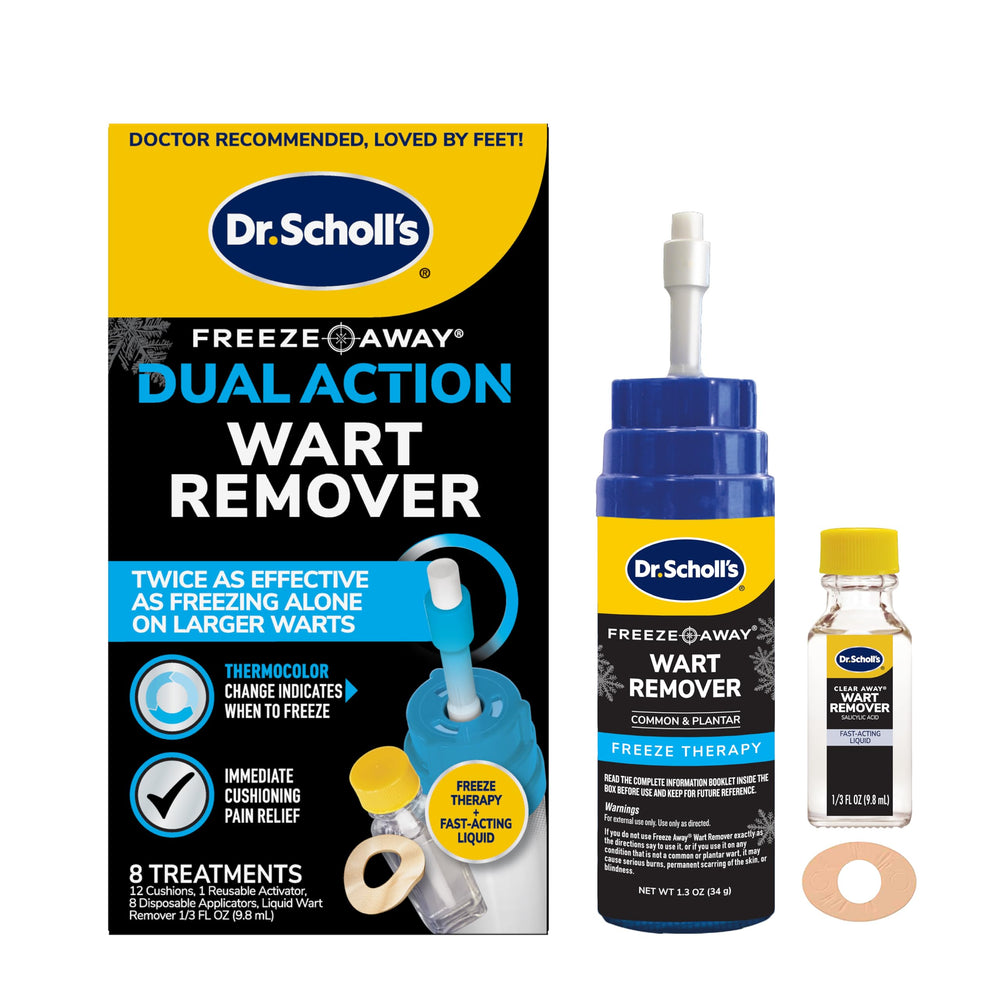 Dr. Scholl's front packaging showing dual-action wart kit and convenience