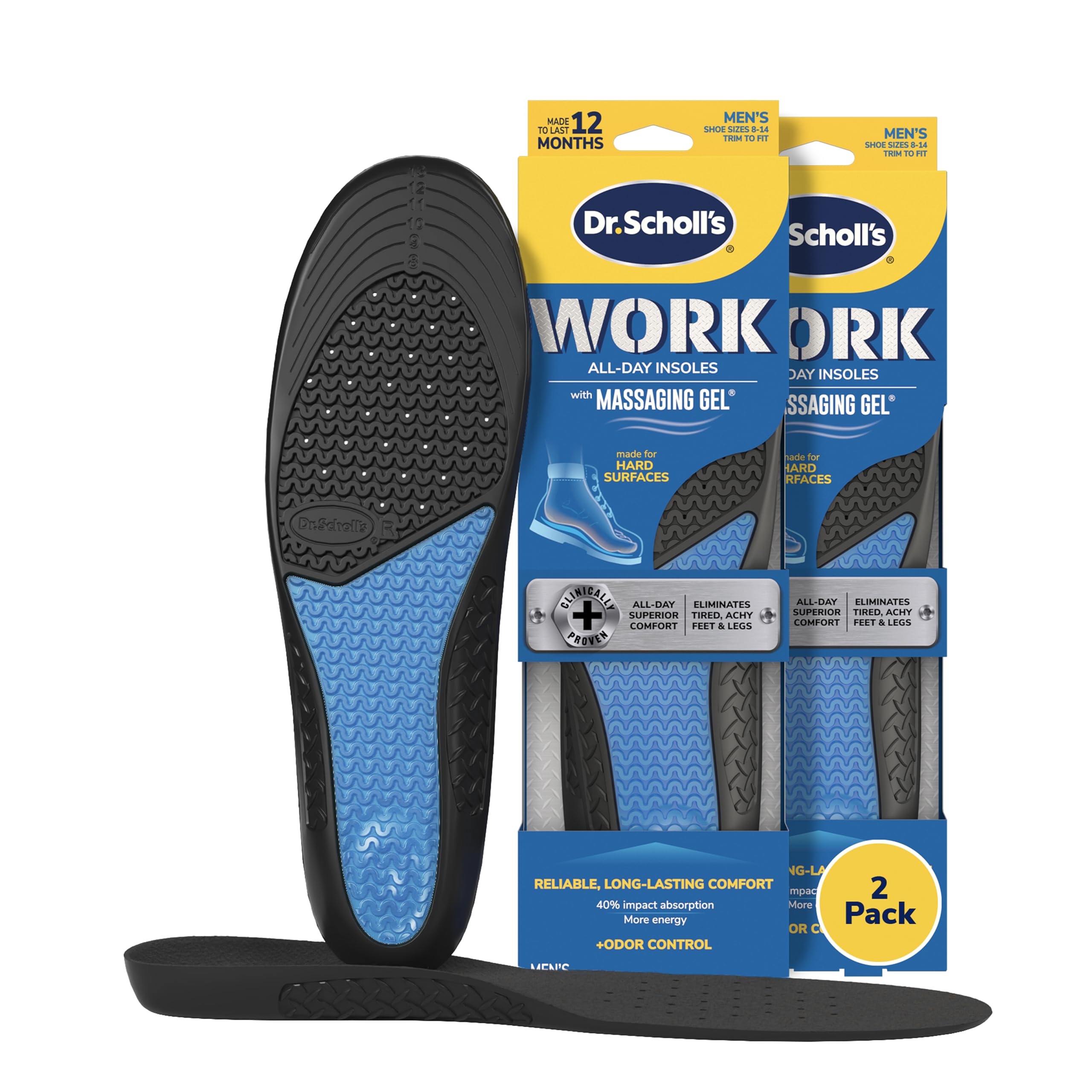 Dr. Scholl's front packaging showing work insoles and benefits