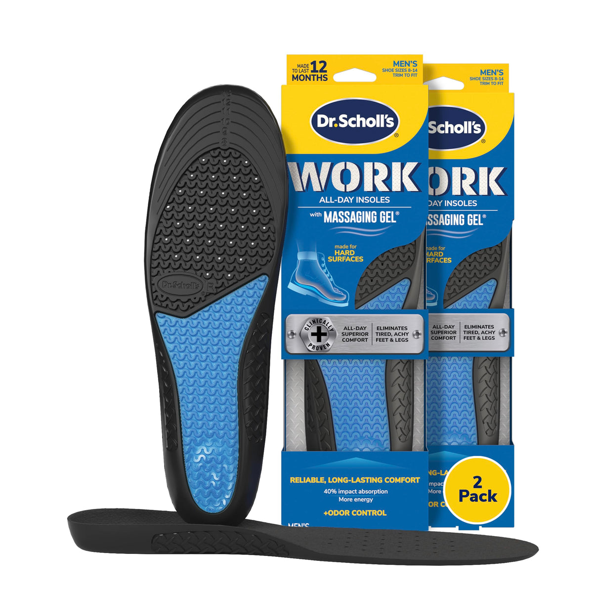 Dr. Scholl's front packaging showing work insoles and benefits