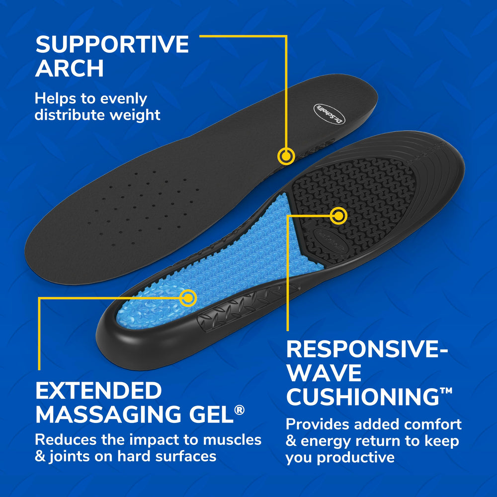 Dr. Scholl's insole placed inside a work boot for comfort upgrade