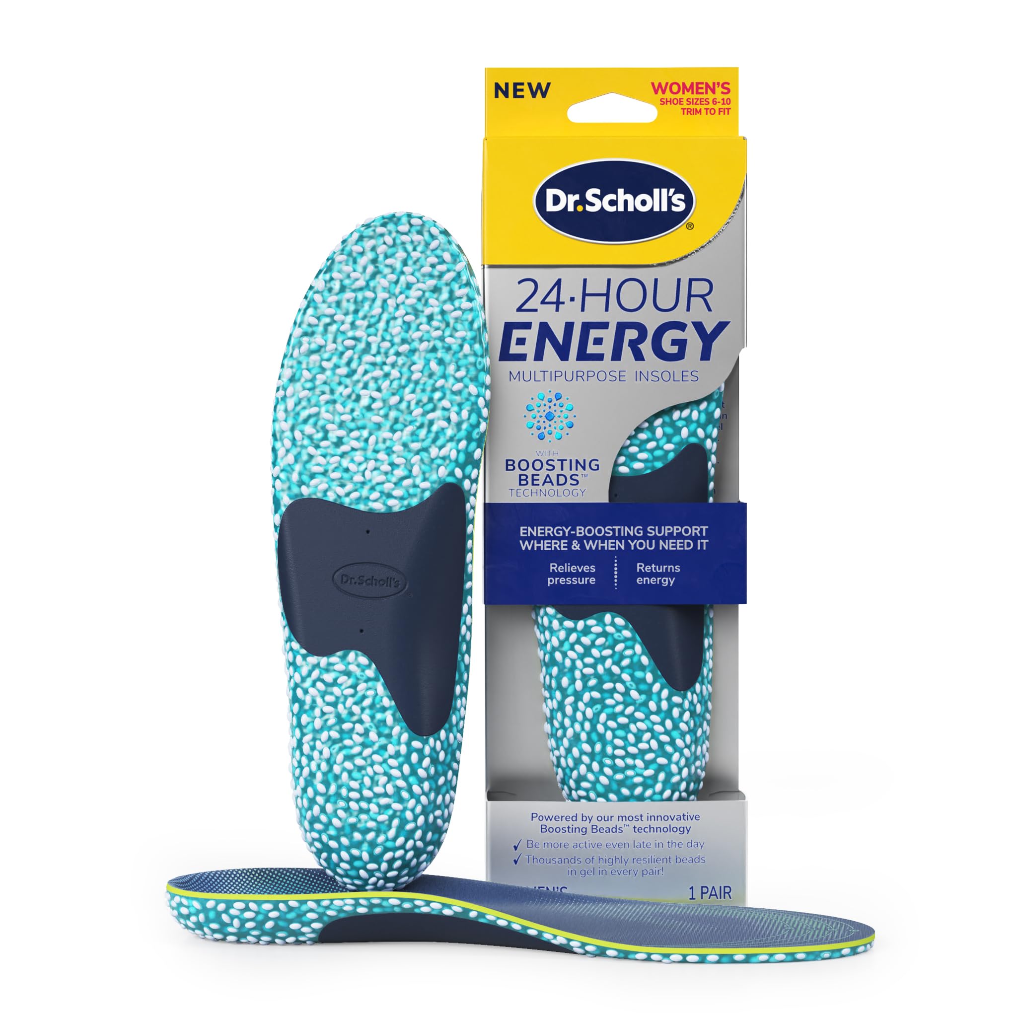 Dr. Scholl's vista frontal del empaque mostrando plantillas y beneficios