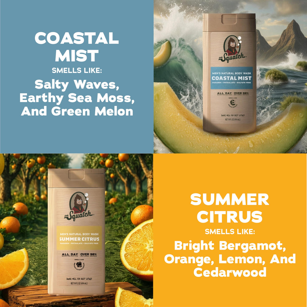Dr. Squatch etiqueta legible con ingredientes naturales visibles