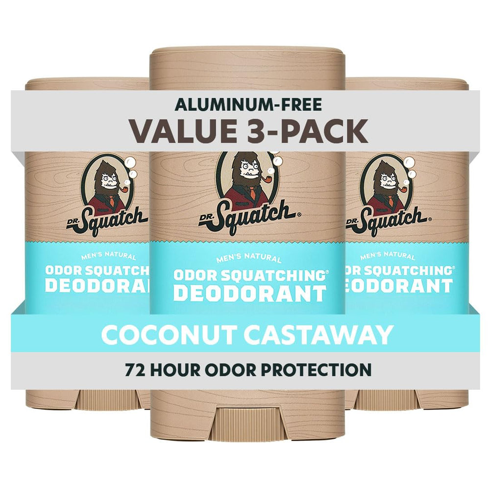 Dr. Squatch frontal del envase mostrando la fragancia Coconut Castaway y protección duradera