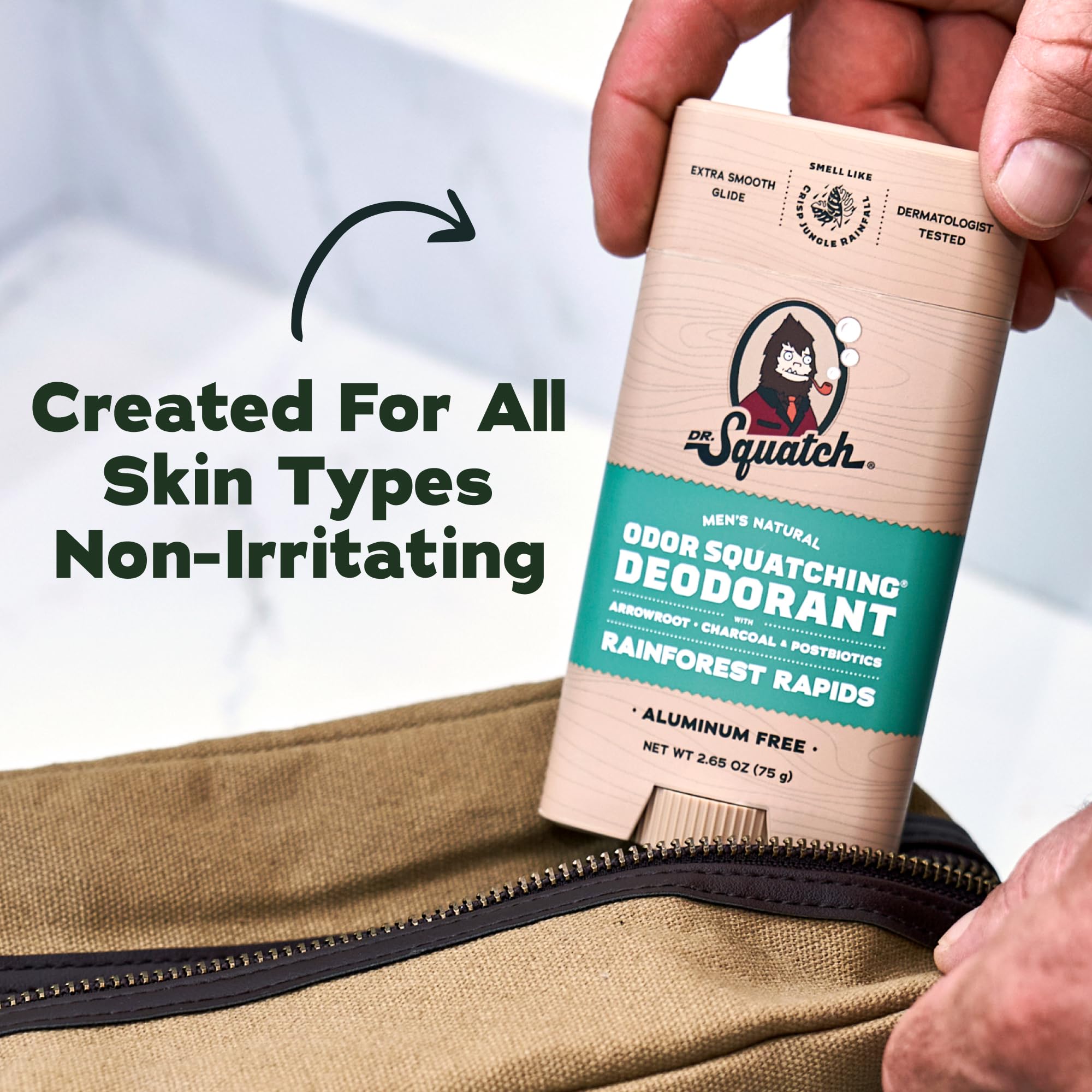 Dr. Squatch detalle de ingredientes naturales y ventaja de control de olor