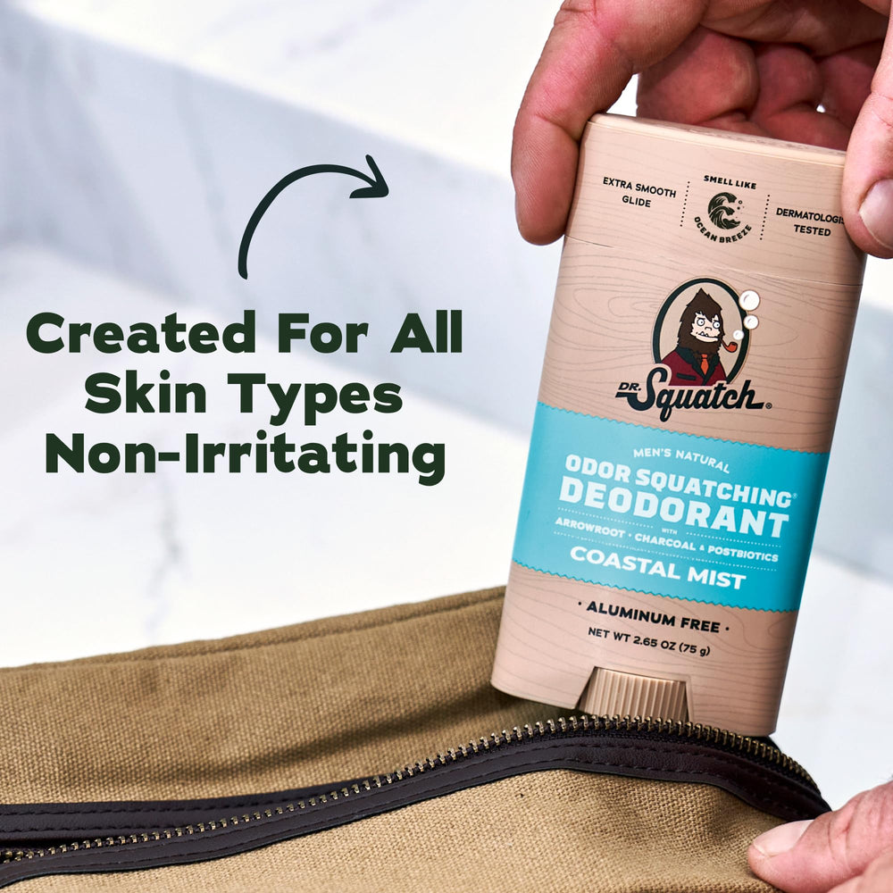 Dr. Squatch deodorant placed on bathroom shelf for everyday grooming convenience