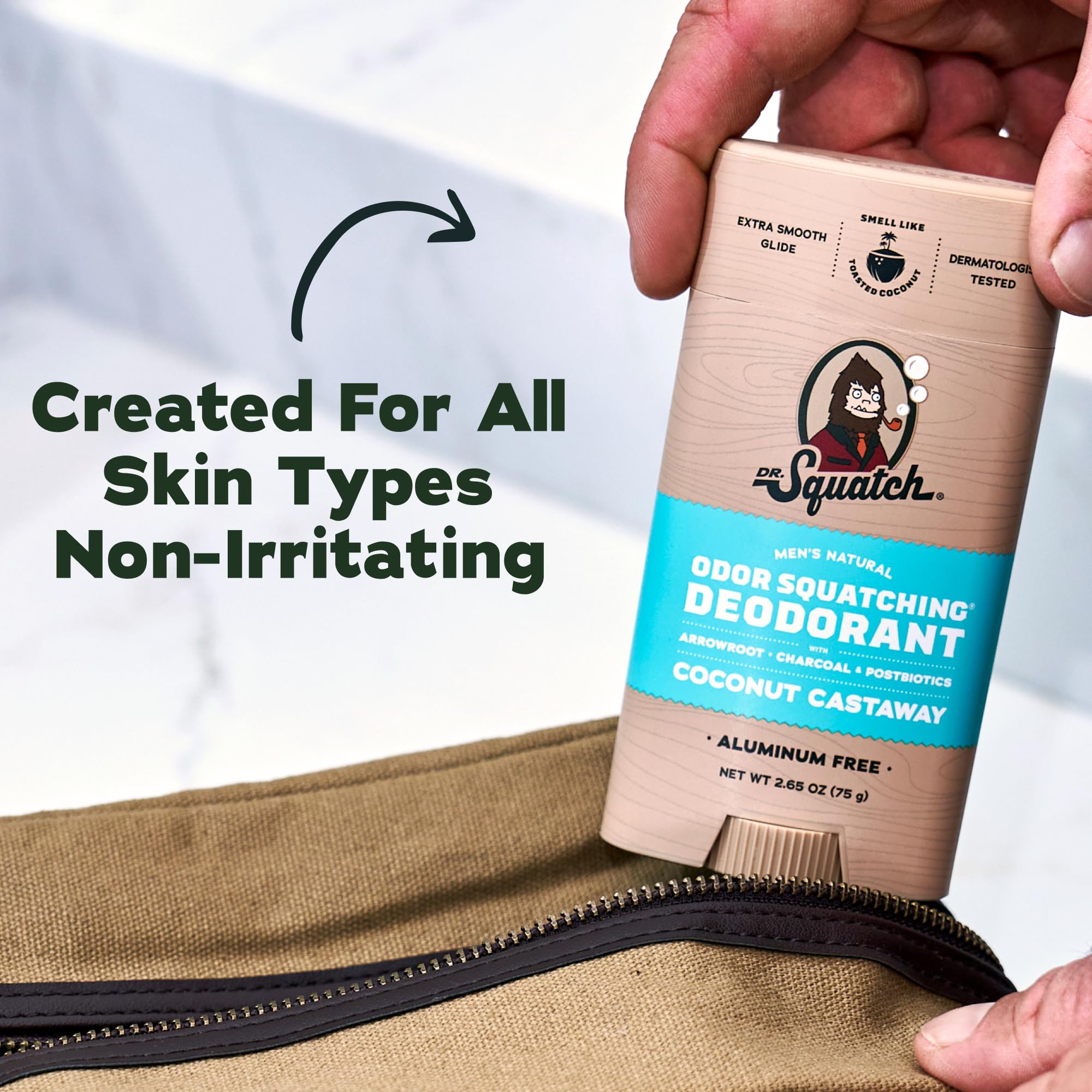 Dr. Squatch etiqueta detallada que resalta ingredientes naturales y sin aluminio