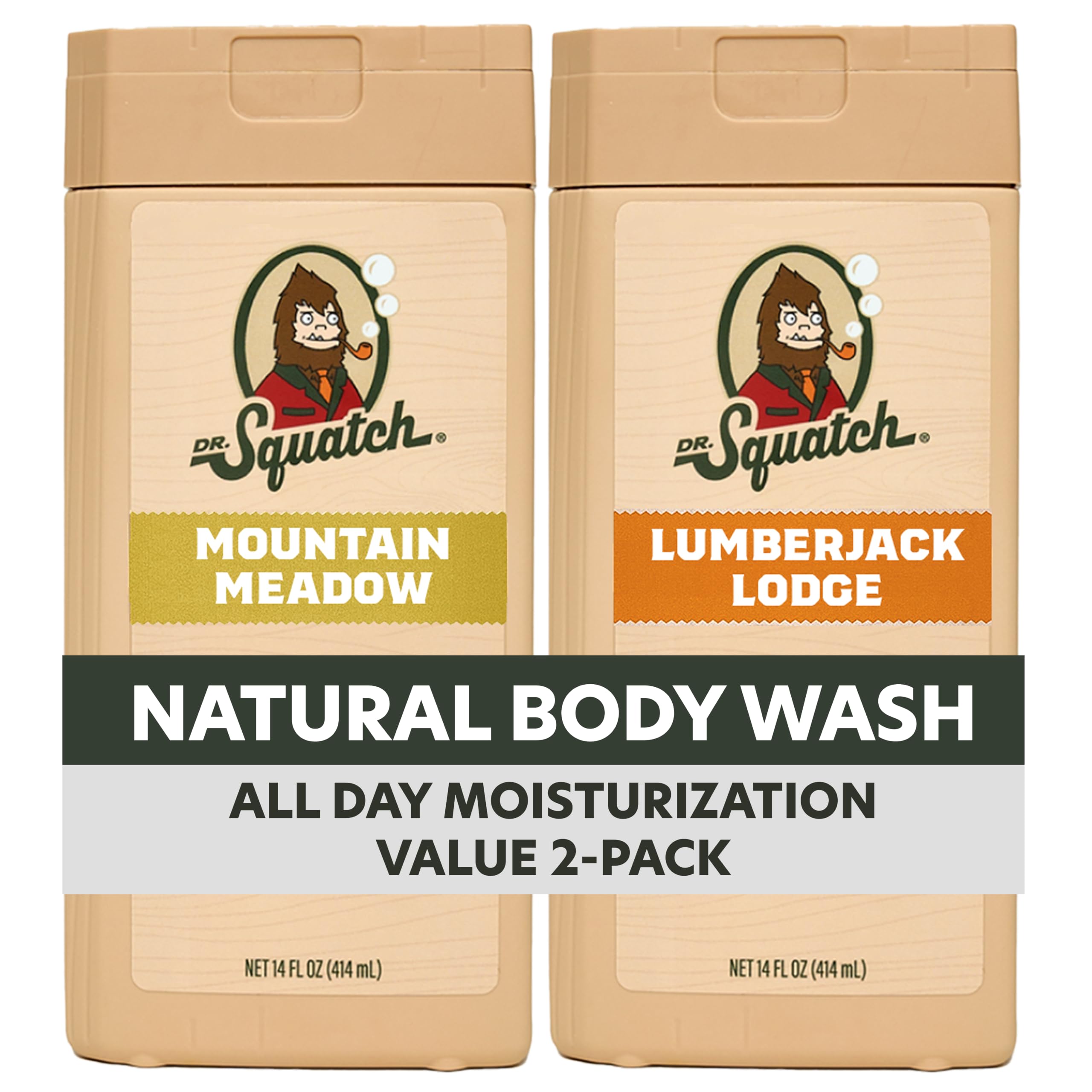 Dr. Squatch vista frontal del pack de dos botellas, conveniencia y ahorro