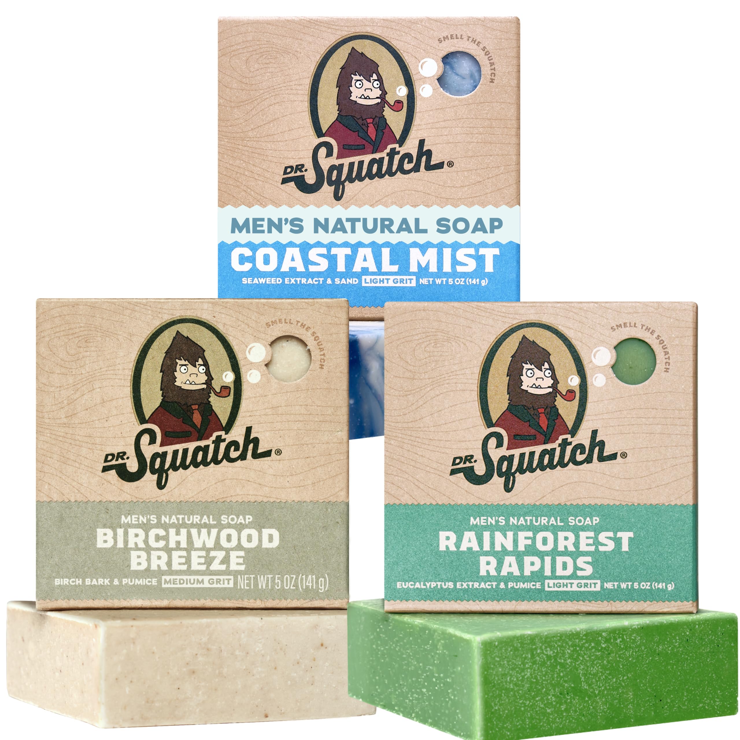 Dr. Squatch frontal del pack mostrando las tres barras y aromas, ideal para regalo