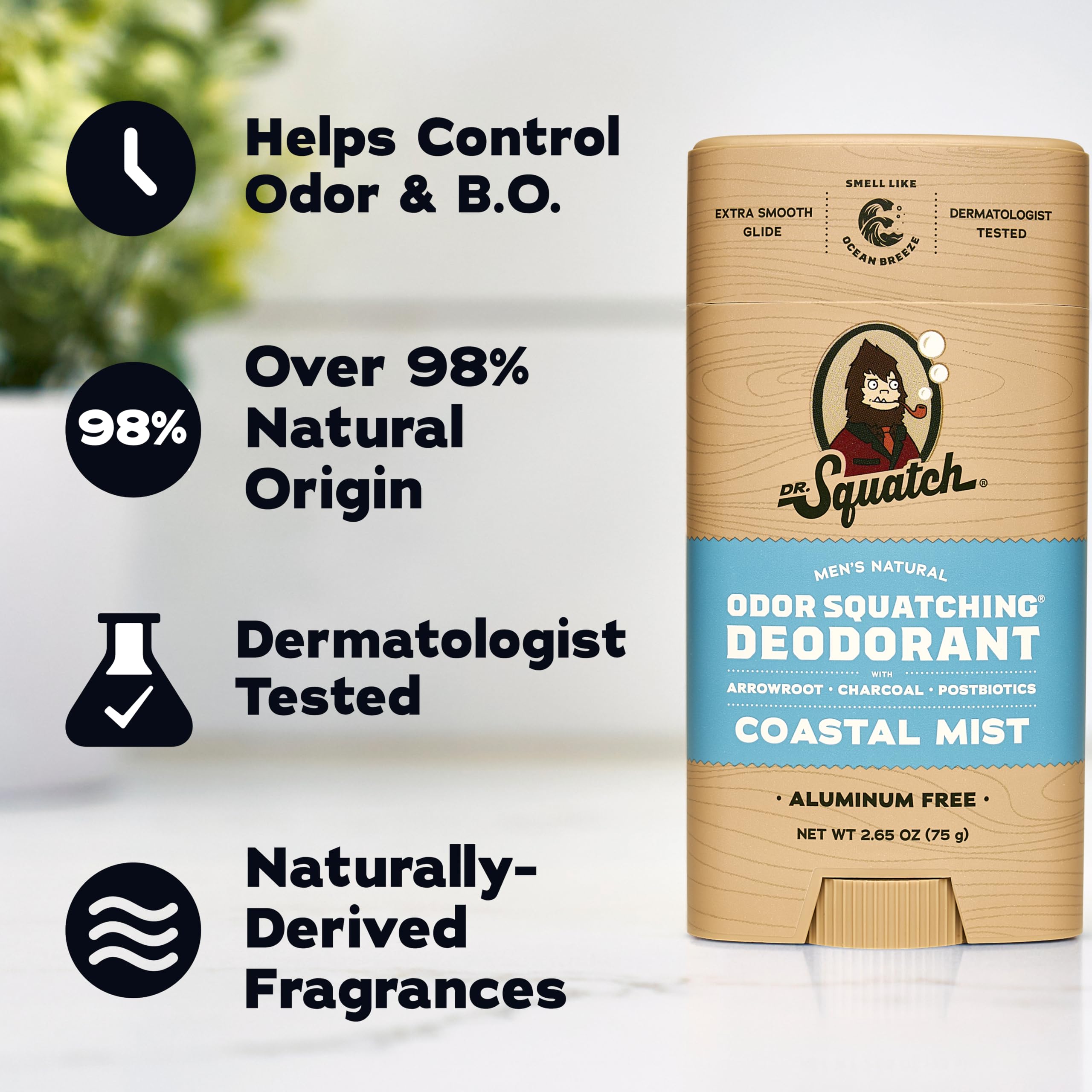 Ingredients display with arrowroot, charcoal, and postbiotics highlighting natural formulation