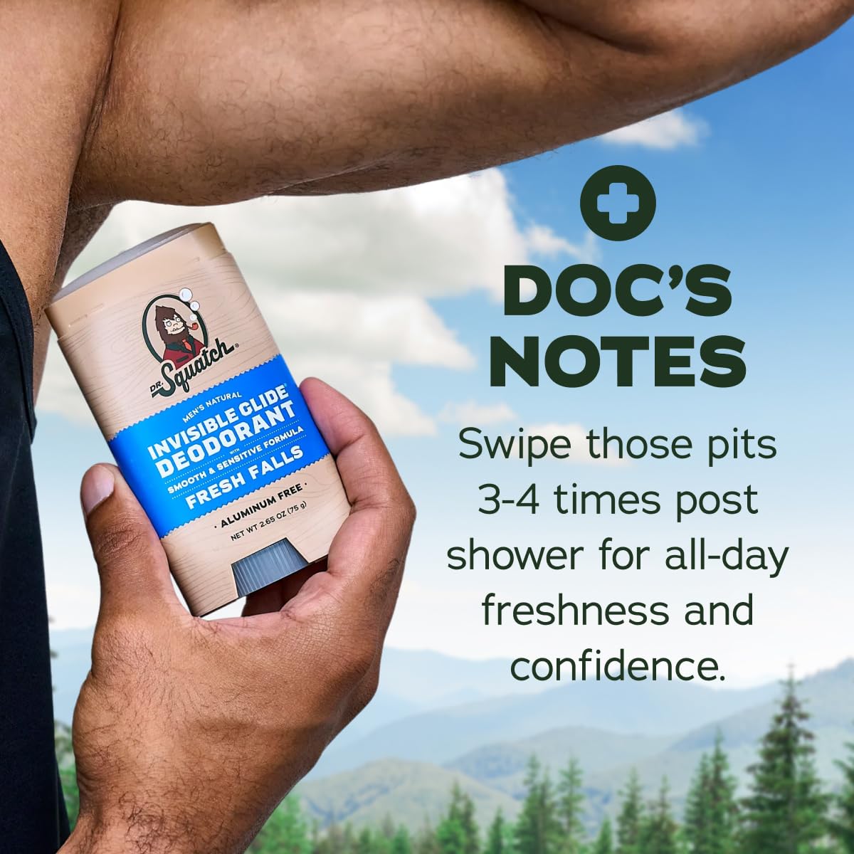 Dr. Squatch imagen evocativa Fresh Falls con agua y driftwood para ilustrar la fragancia