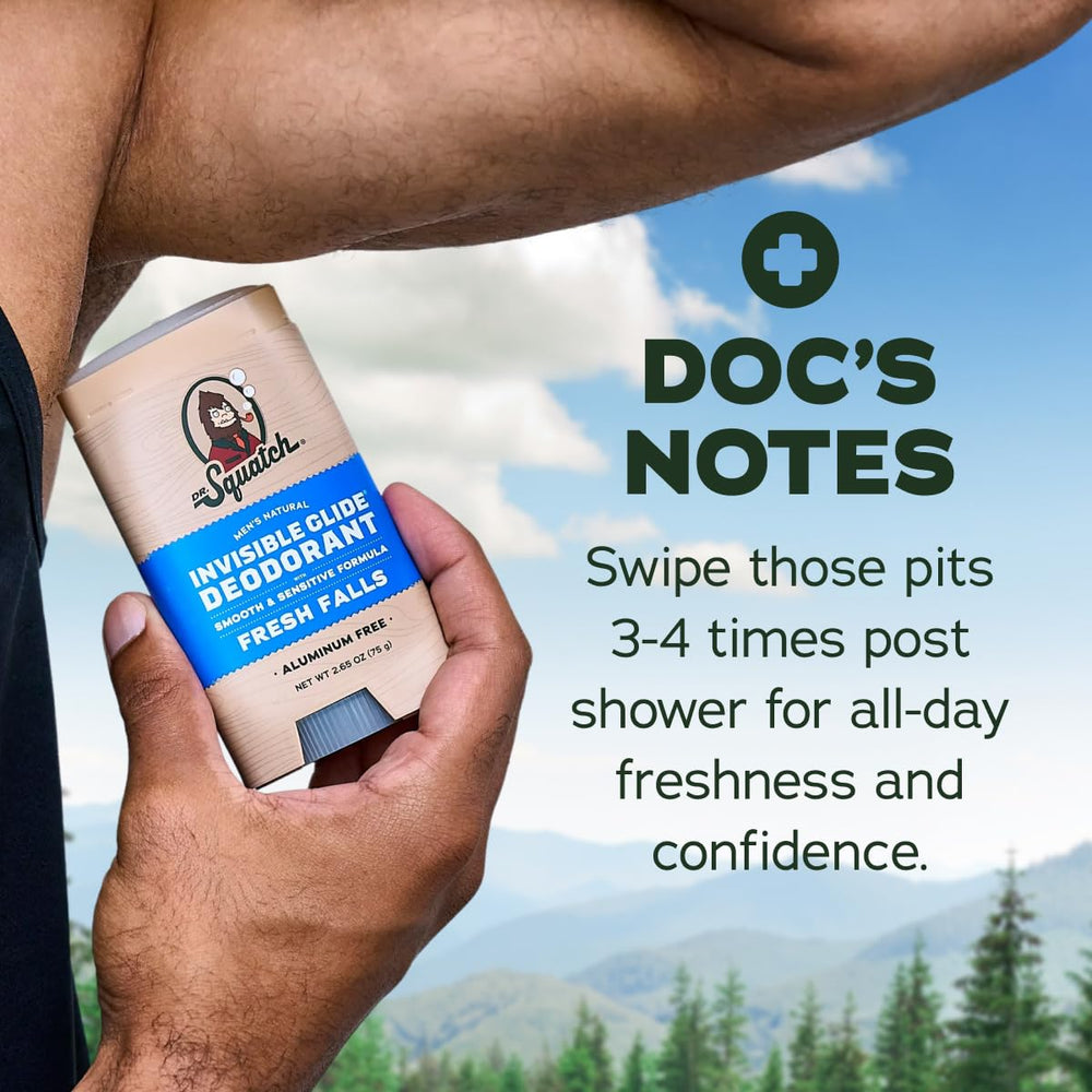 Dr. Squatch imagen evocativa Fresh Falls con agua y driftwood para ilustrar la fragancia