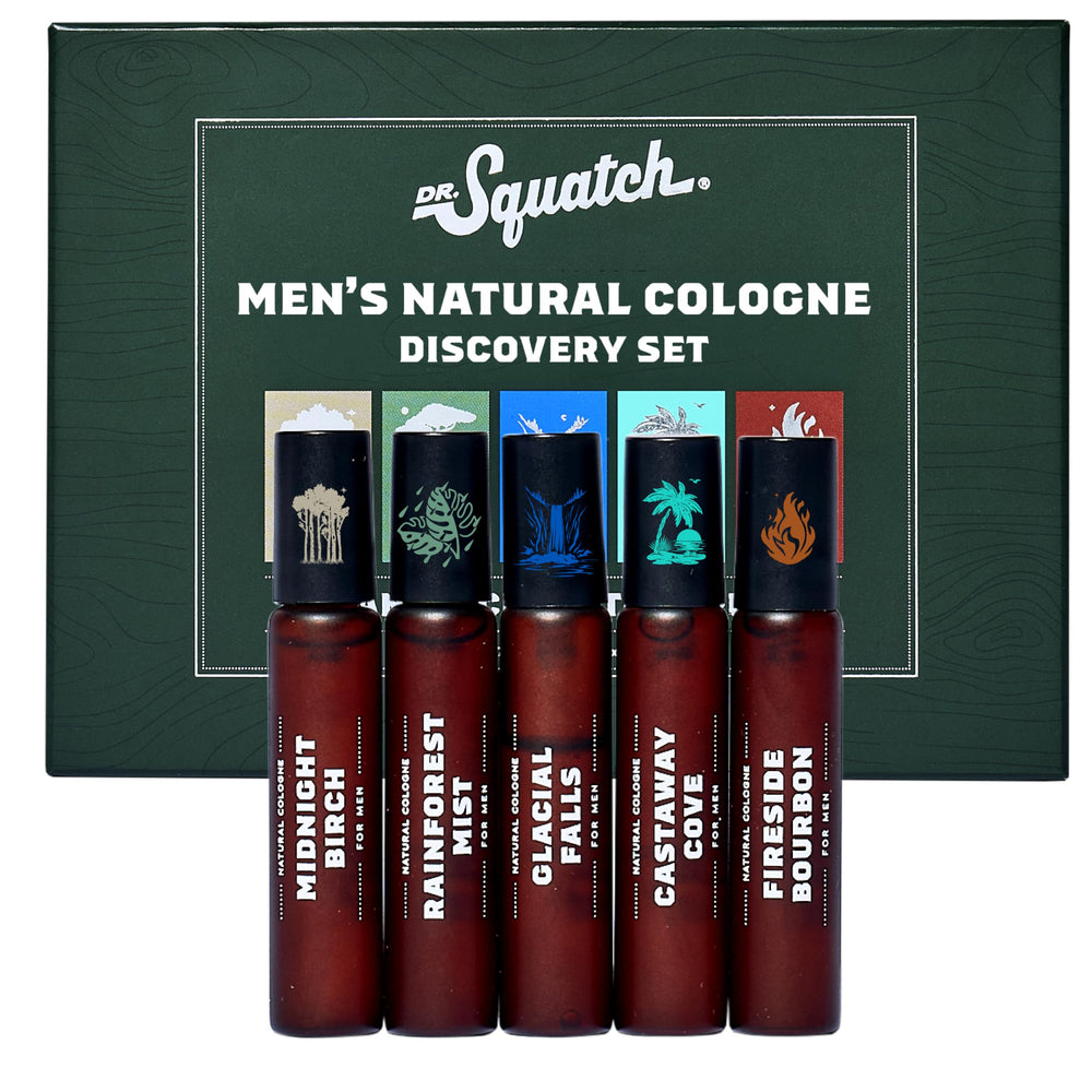 Dr. Squatch pack frontal con cinco mini colonias, práctico para probar varias fragancias