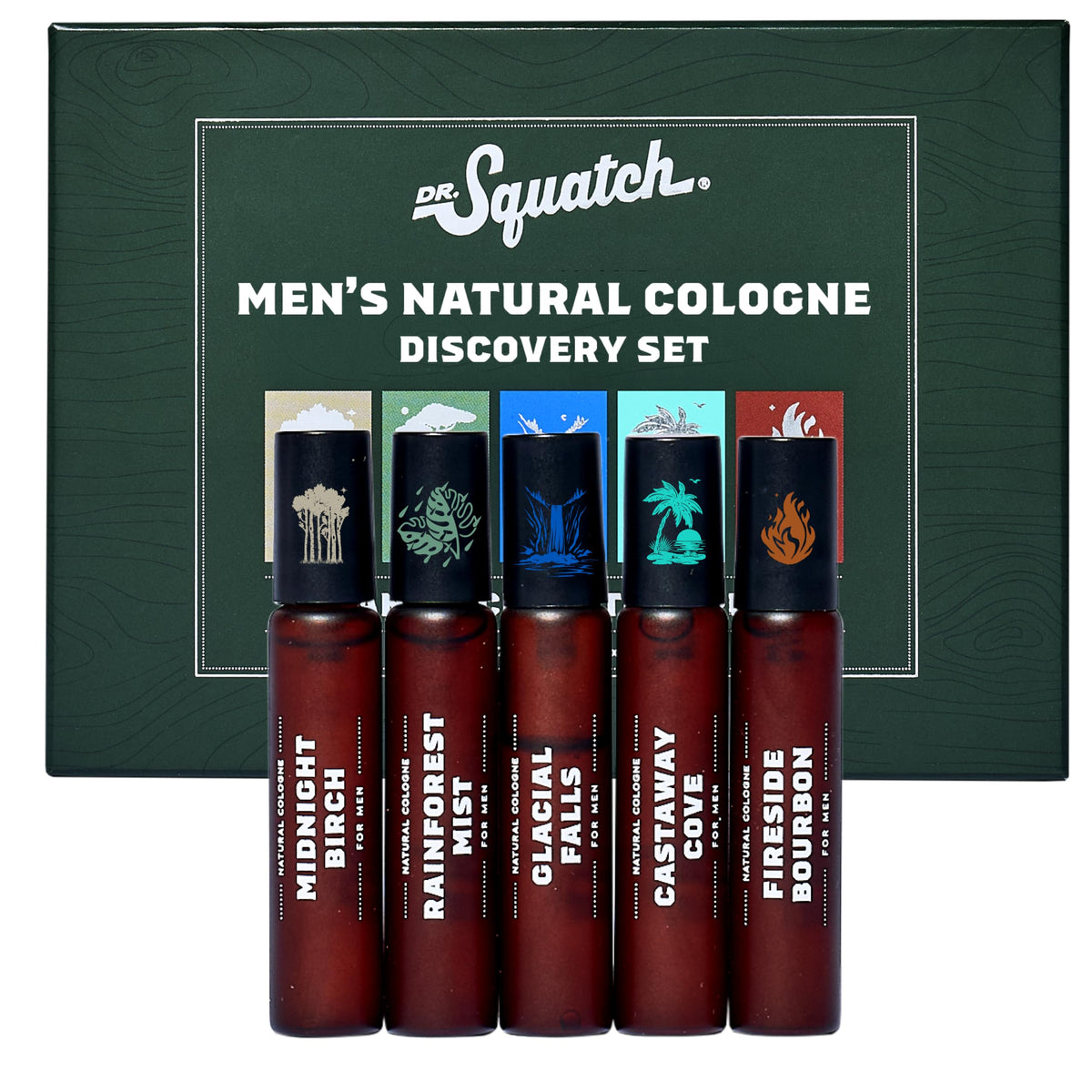 Dr. Squatch pack frontal con cinco mini colonias, práctico para probar varias fragancias