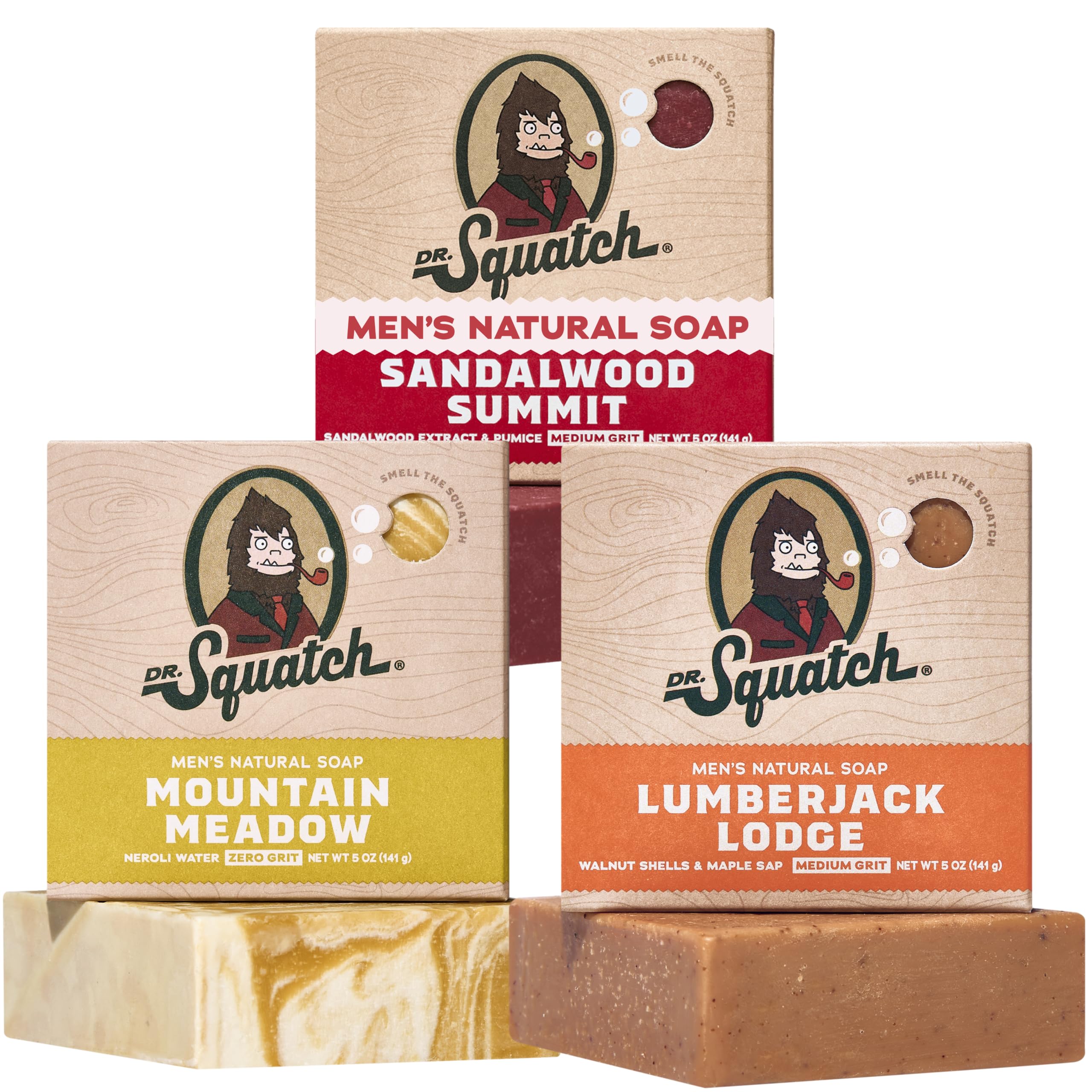 Dr. Squatch pack frontal mostrando tres barras con fragancias variadas y aspecto natural