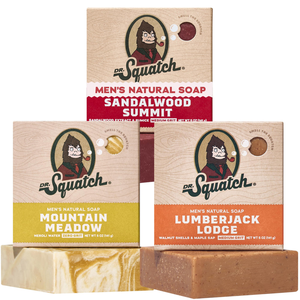 Dr. Squatch pack frontal mostrando tres barras con fragancias variadas y aspecto natural