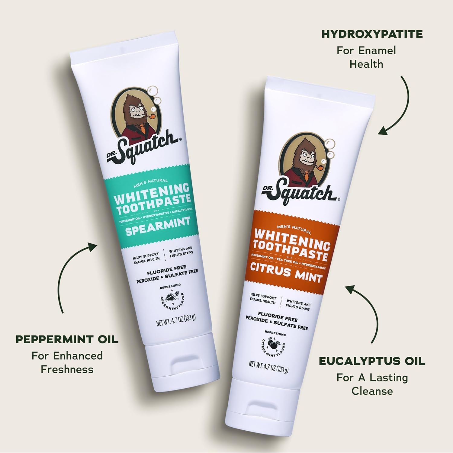 Dr. Squatch primer plano de la textura de la pasta dental destacando hidroxiapatita y limpieza suave