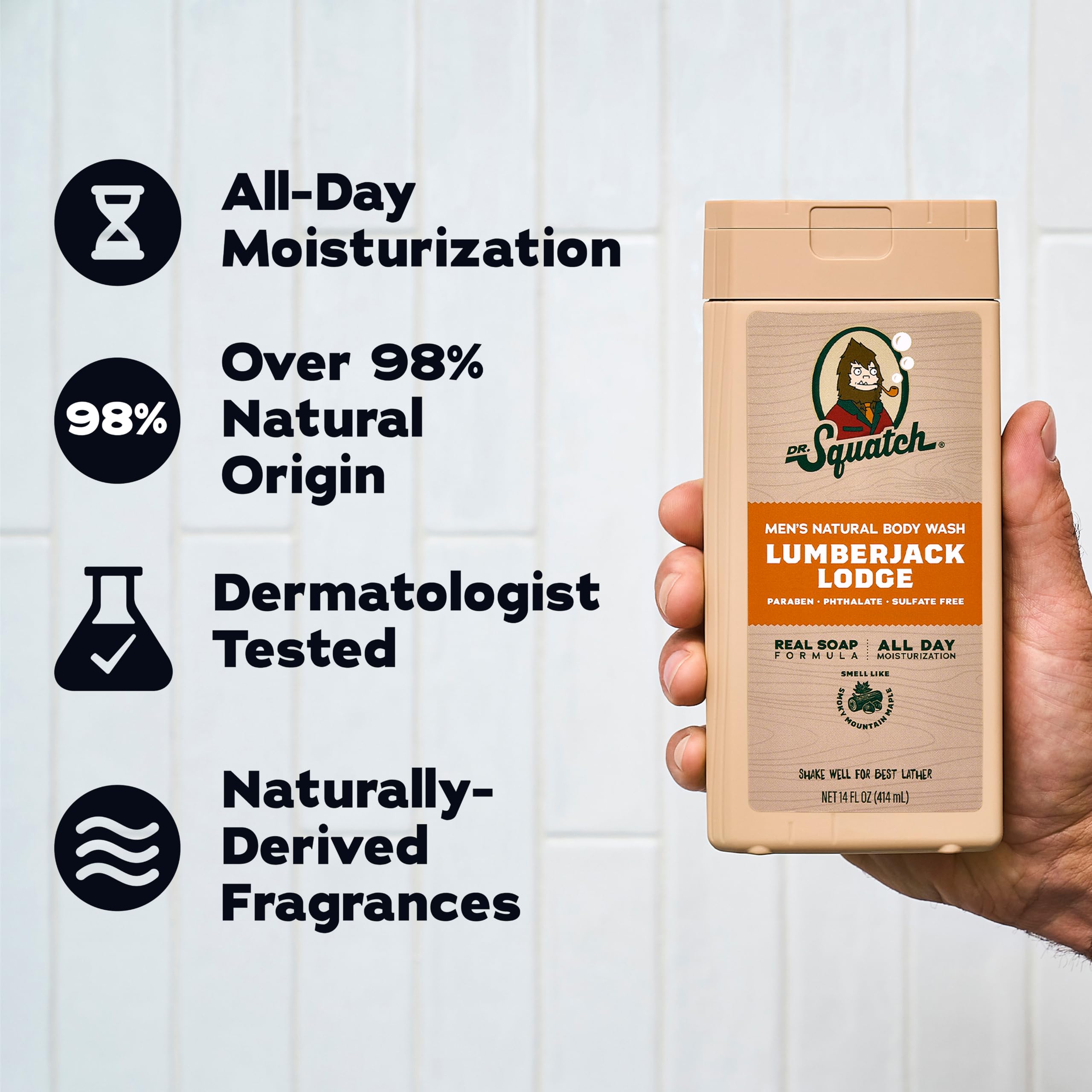 Dr. Squatch hombre usando gel en ducha, sensación revitalizante post-uso