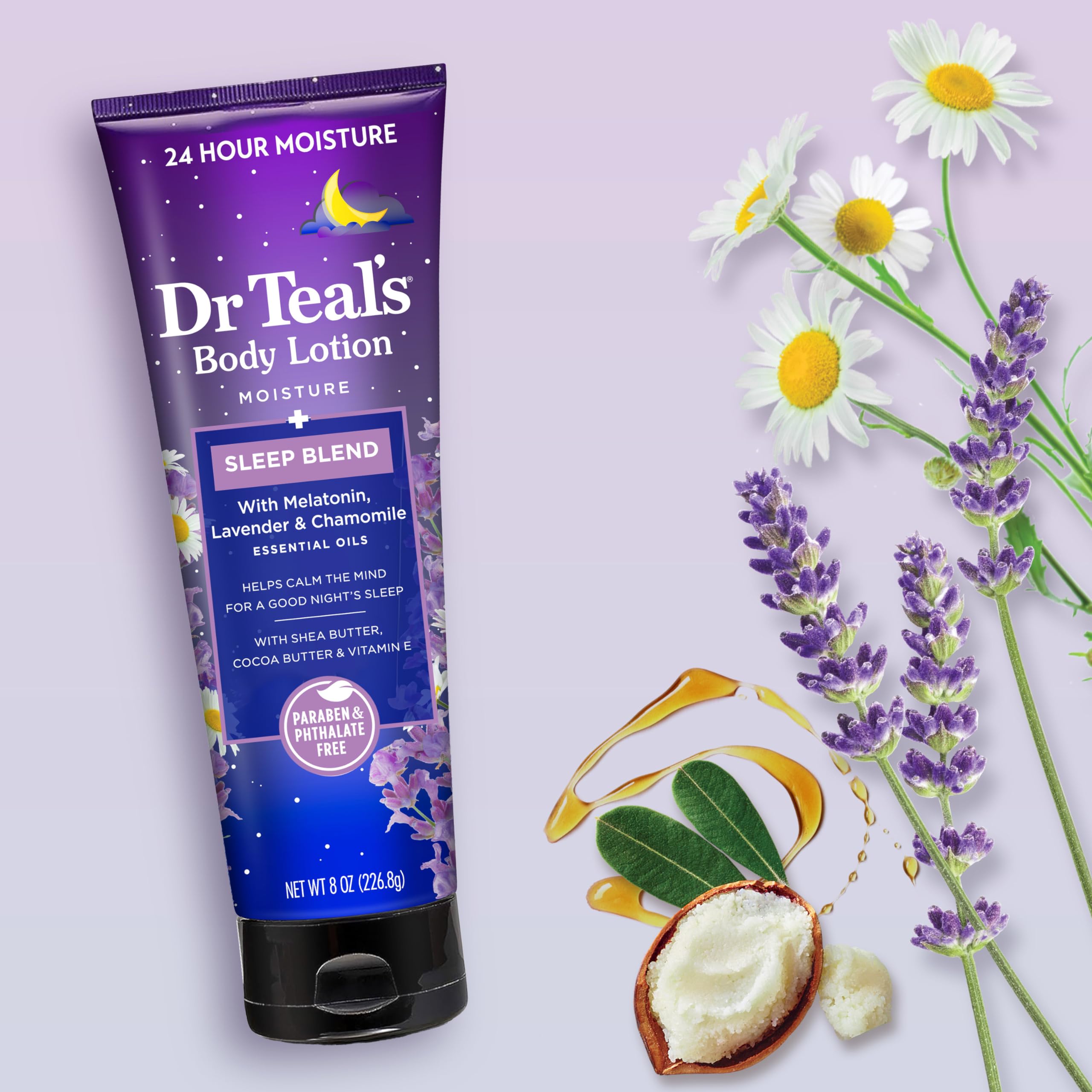 Dr Teal's flores de lavanda cerca del envase subrayando aroma calmante