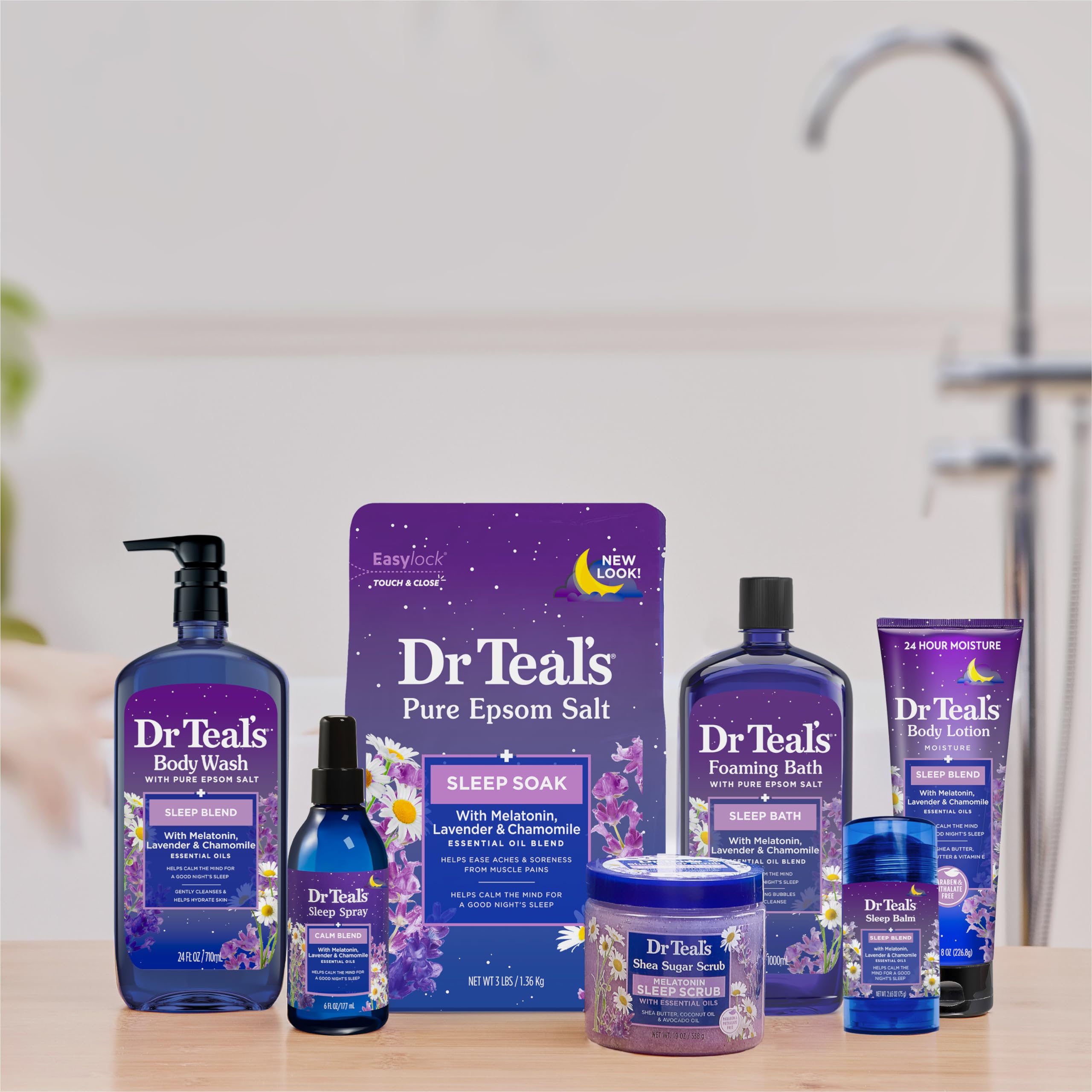Dr Teal's producto en dormitorio iluminado evocando un ritual relajante