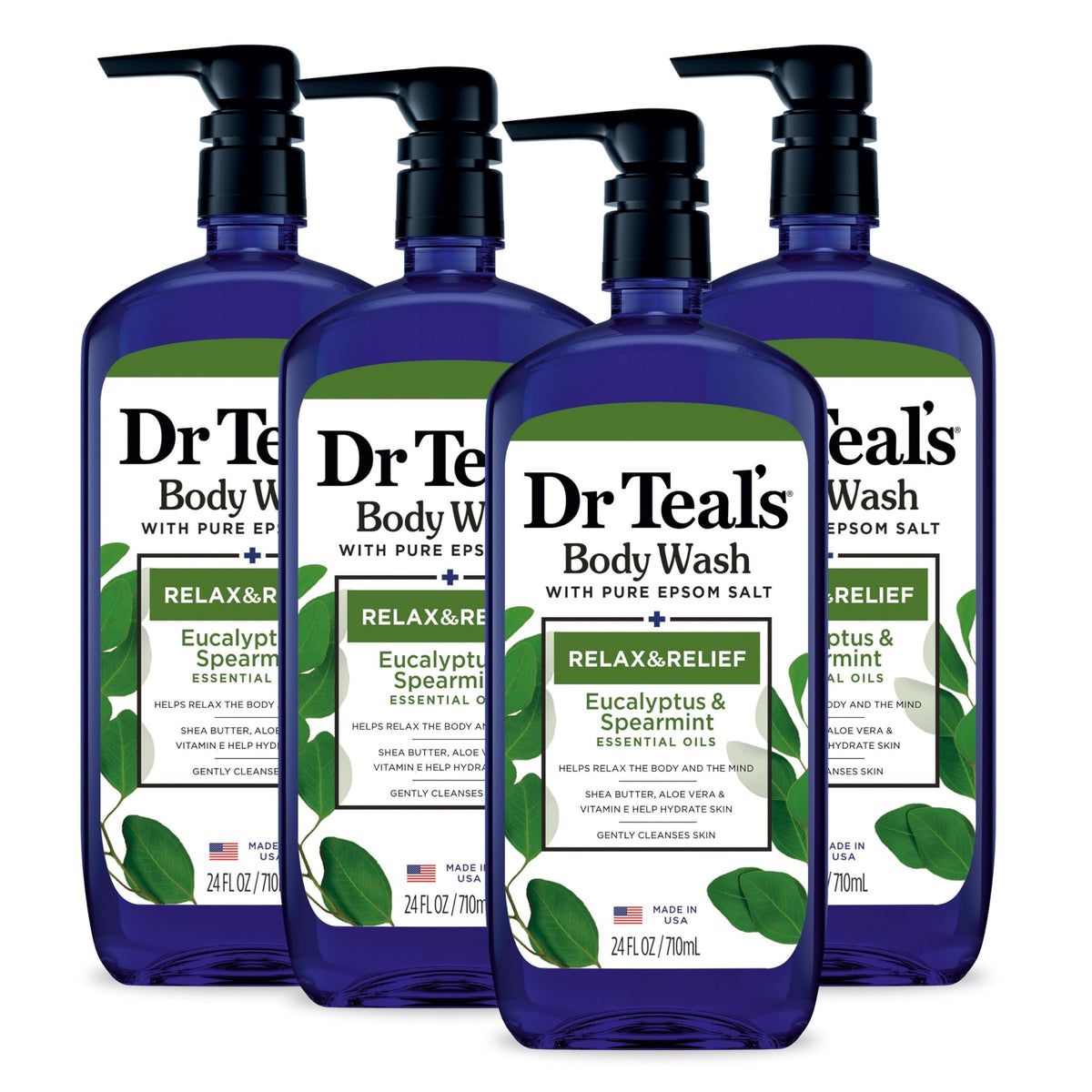 Dr Teal's vista frontal 24 oz mostrando etiqueta y fragancia revitalizante