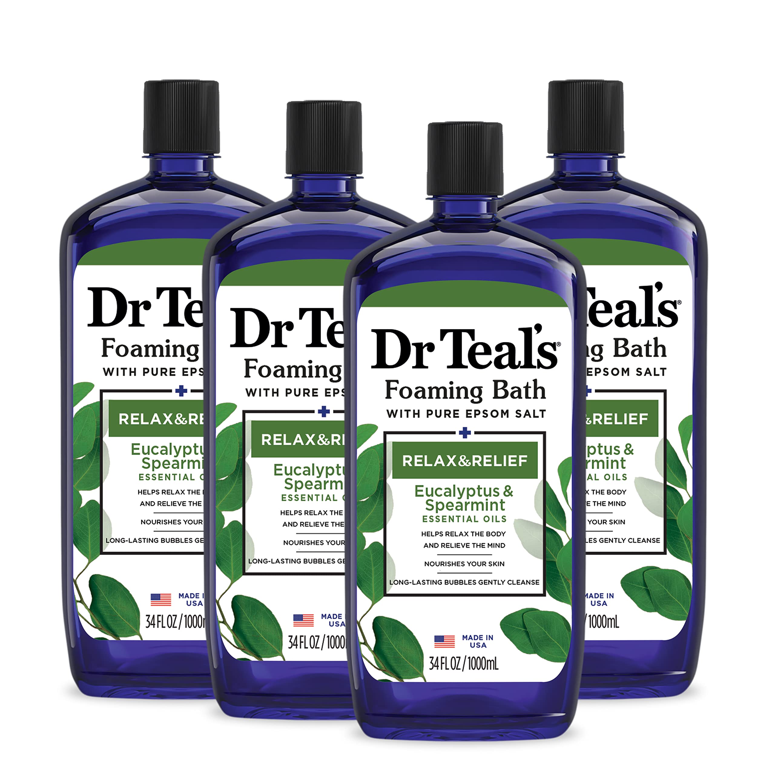 Dr Teal's botella frontal mostrando aroma eucalipto y spearmint para relajación