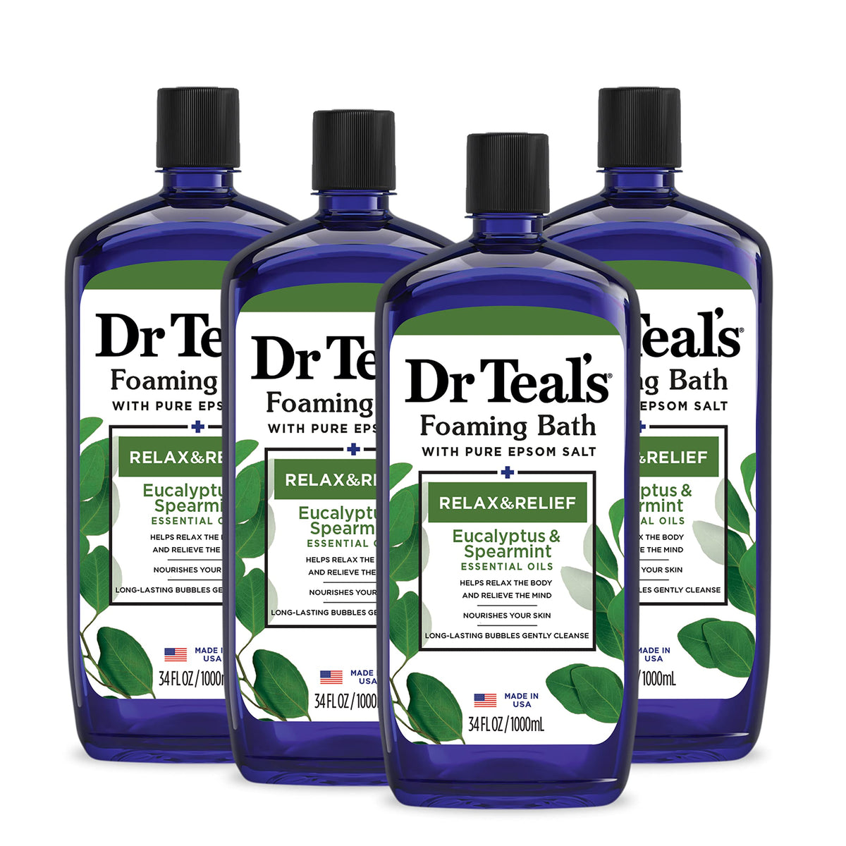 Dr Teal's botella frontal mostrando aroma eucalipto y spearmint para relajación